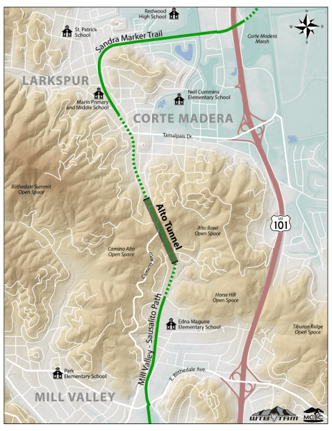 Topographical map of Mill Valley and Corte Madera showing location of Alto Tunnel